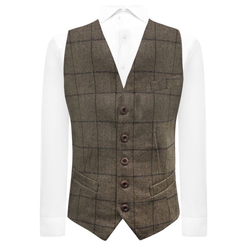 king & priory Peanut Brown Herringbone Check Waistcoat