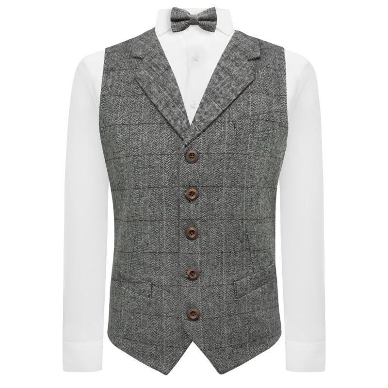 King & Priory Pewter Grey Herringbone Waistcoat With Lapel