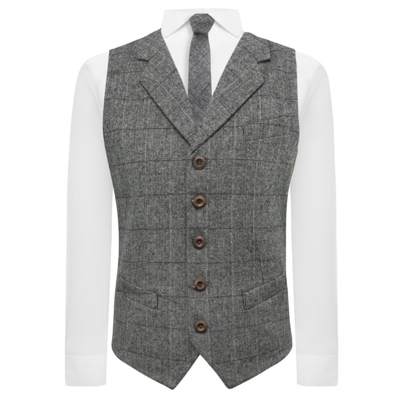 King & Priory Pewter Grey Herringbone Waistcoat With Lapel