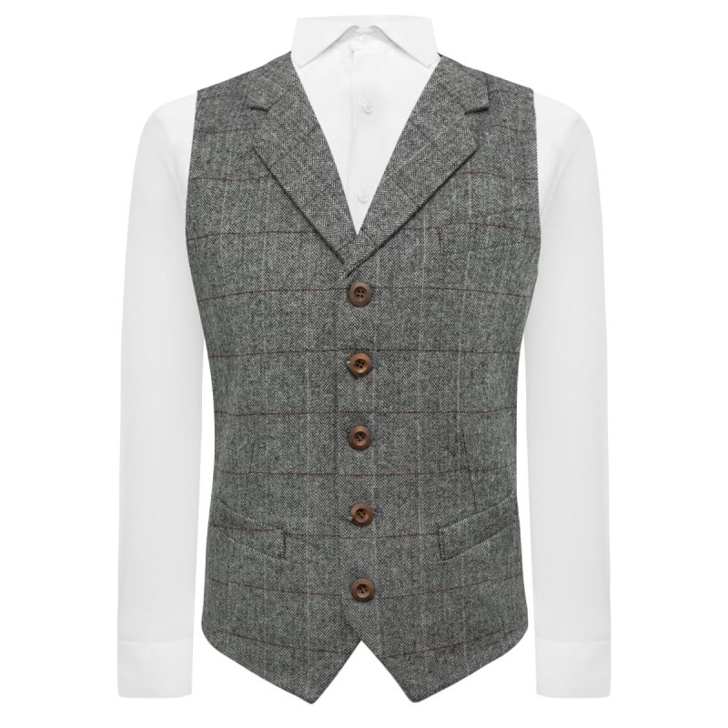 king & priory Pewter Grey Herringbone Waistcoat with Lapel