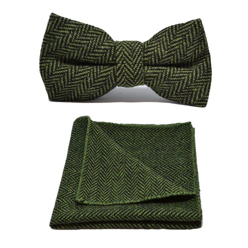 king & priory Pickle Green & Black Herringbone Bow Tie & Pocket Square Set