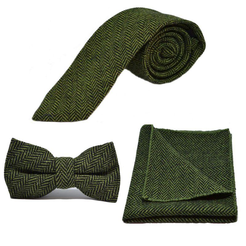 King & Priory Pickle Green & Black Herringbone Tie Bow Tie & Pocket Square Set