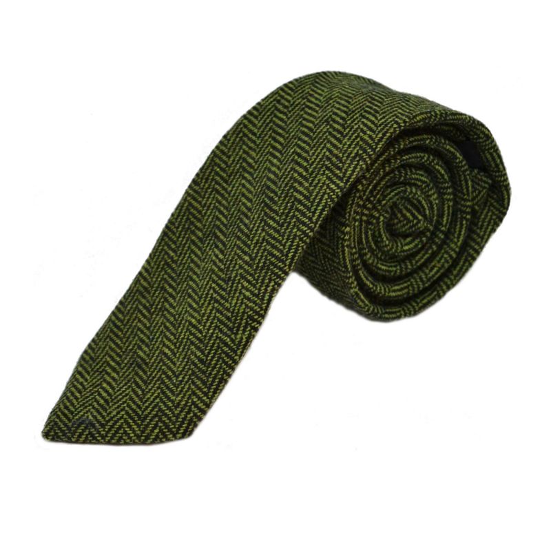King & Priory Pickle Green & Black Herringbone Tie & Pocket Square Set