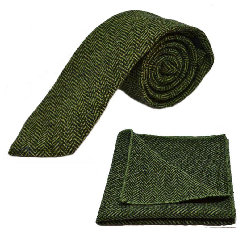king & priory Pickle Green & Black Herringbone Tie & Pocket Square Set