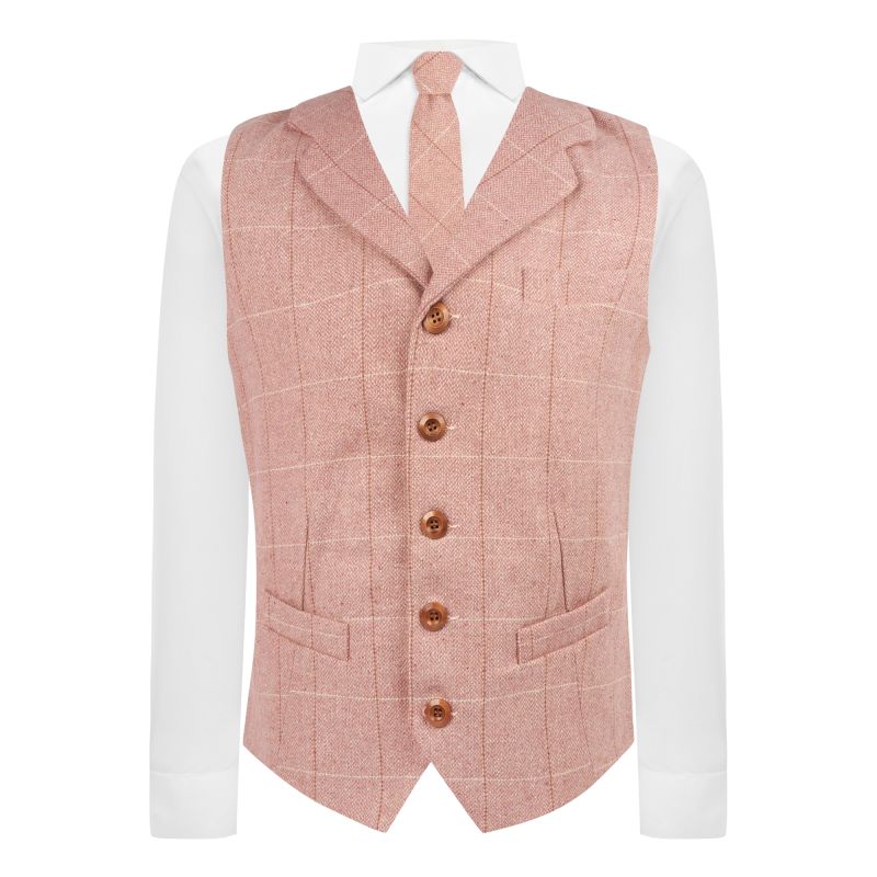 King & Priory Pink Herringbone Windowpane Check Waistcoat With Lapel
