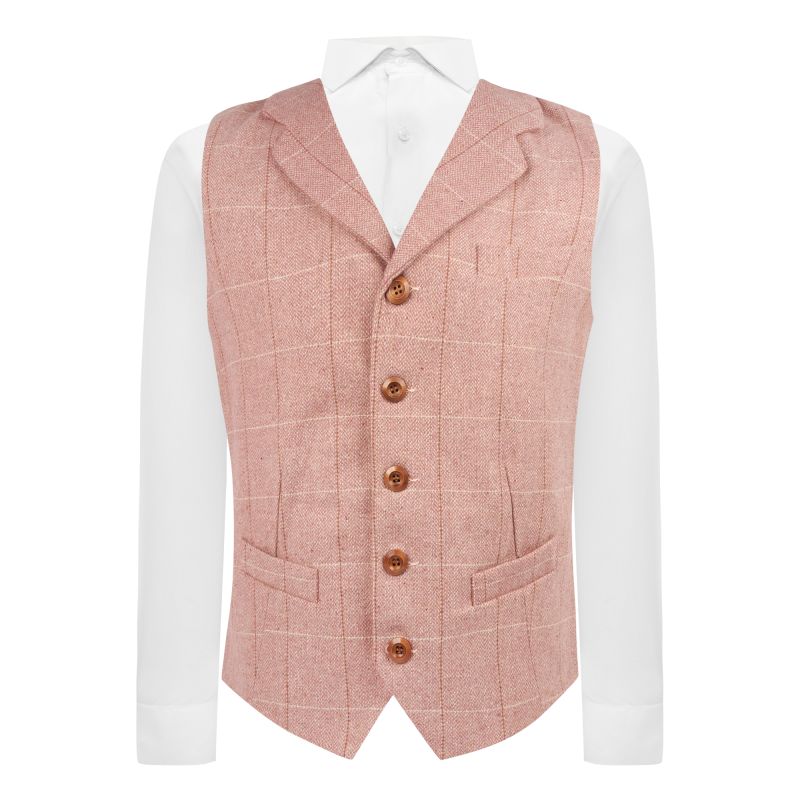 King & Priory Pink Herringbone Windowpane Check Waistcoat With Lapel