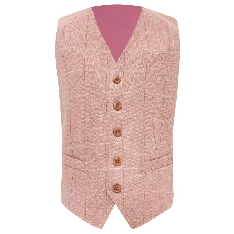 king & priory Pink Herringbone Windowpane Check Waistcoat