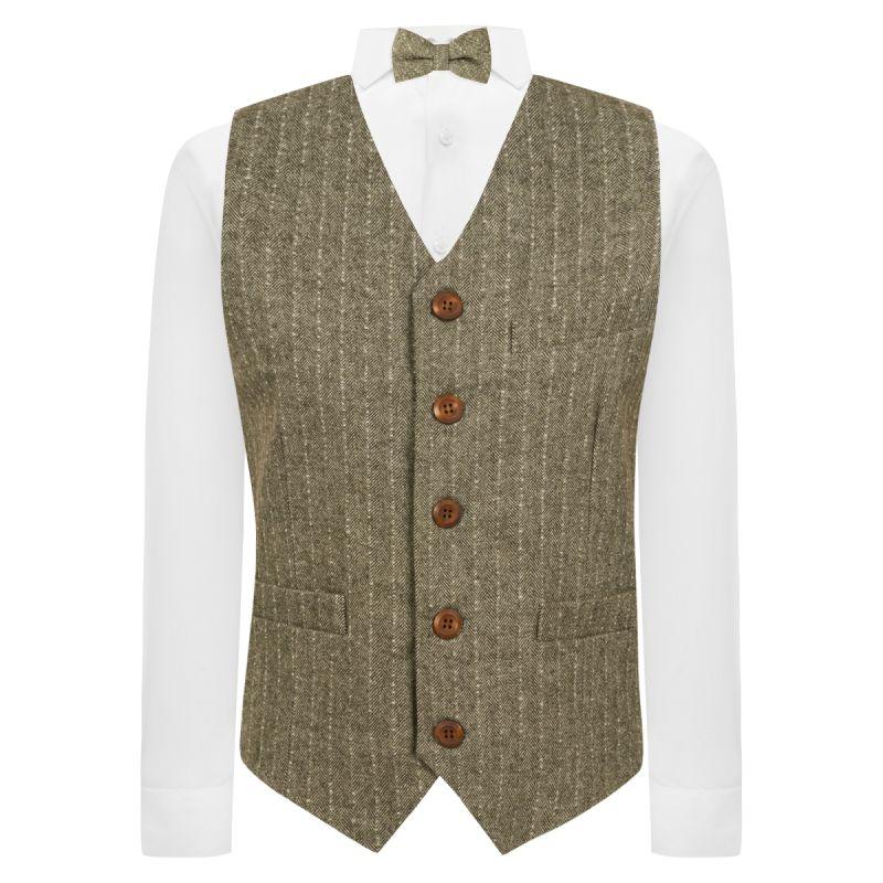 King & Priory Sage Green Herringbone With Pinstripe Waistcoat