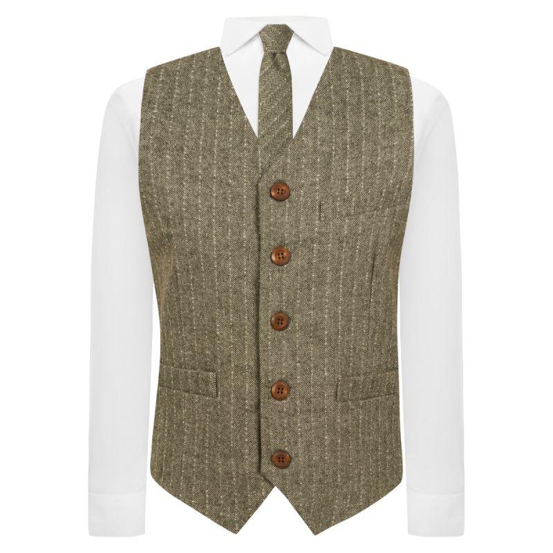 King & Priory Sage Green Herringbone With Pinstripe Waistcoat