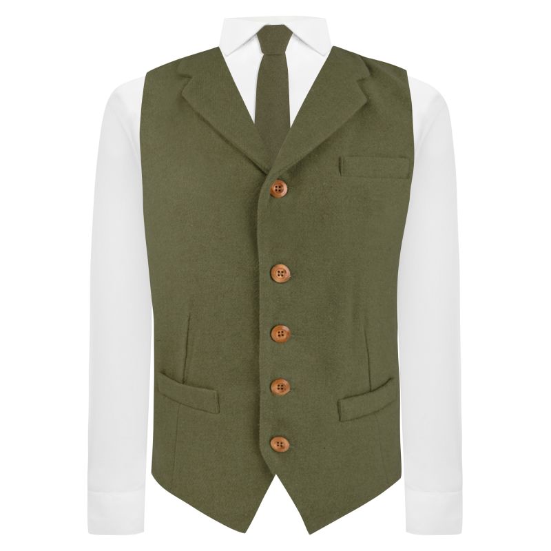 King & Priory Sage Green Woven Wool Waistcoat With Lapel