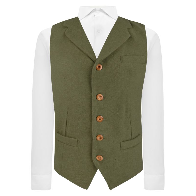 King & Priory Sage Green Woven Wool Waistcoat With Lapel