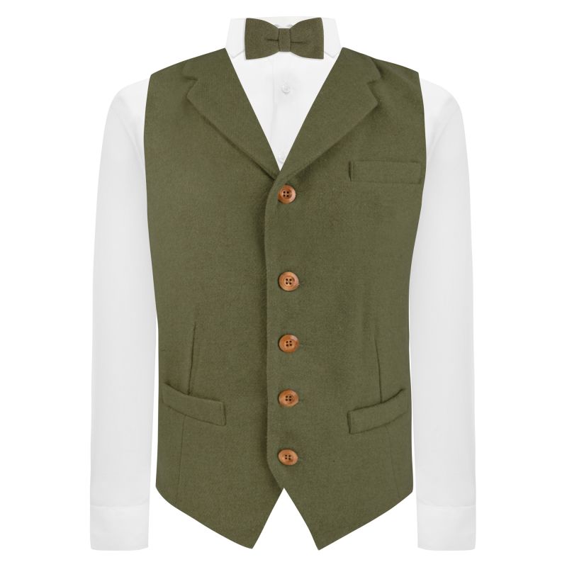 king & priory Sage Green Woven Wool Waistcoat with Lapel