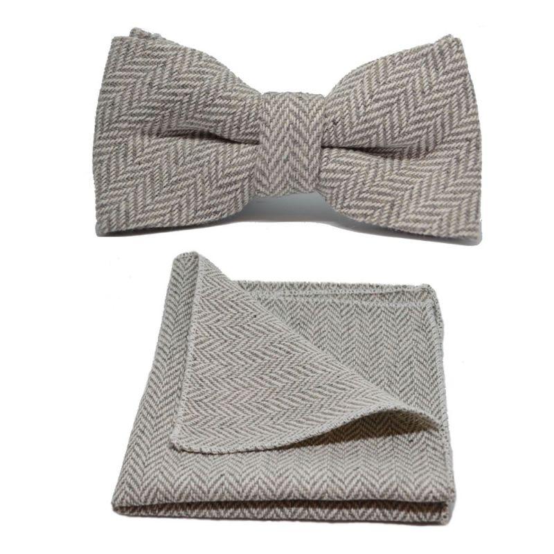 King & Priory Silver Grey & Cream Herringbone Bow Tie & Pocket Square Set