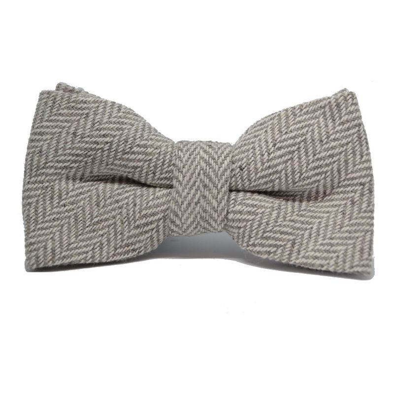 King & Priory Silver Grey & Cream Herringbone Bow Tie & Pocket Square Set