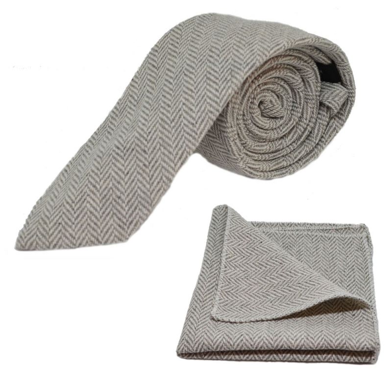 King & Priory Silver Grey & Cream Herringbone Tie & Pocket Square Set