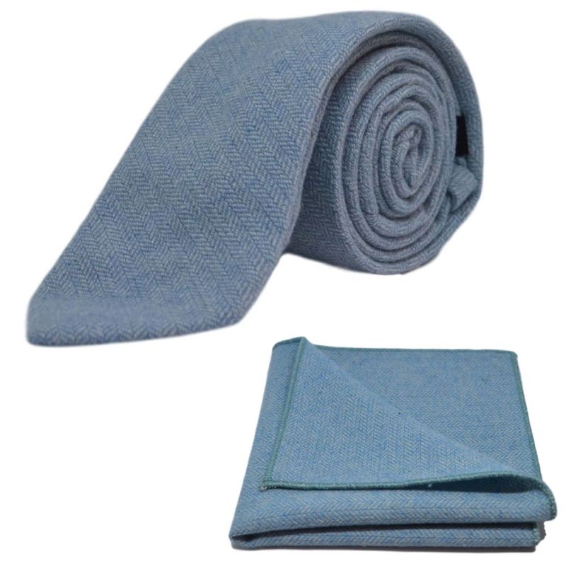 king & priory Sky Blue Herringbone Tie & Pocket Square Set