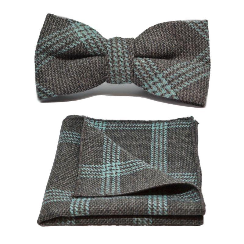 king & priory Slate Grey & Blue Birdseye Check Bow Tie & Pocket Square Set