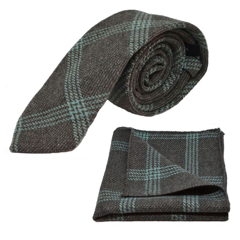 king & priory Slate Grey & Blue Birdseye Check Tie & Pocket Square Set