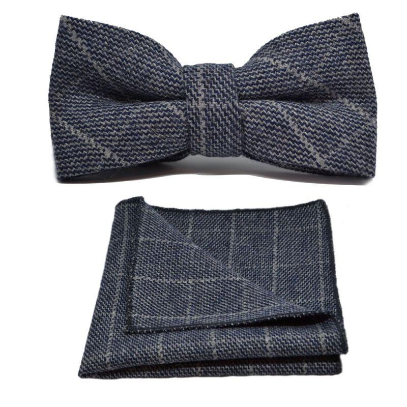 King & Priory Stone Blue Birdseye Check Bow Tie & Pocket Square Set