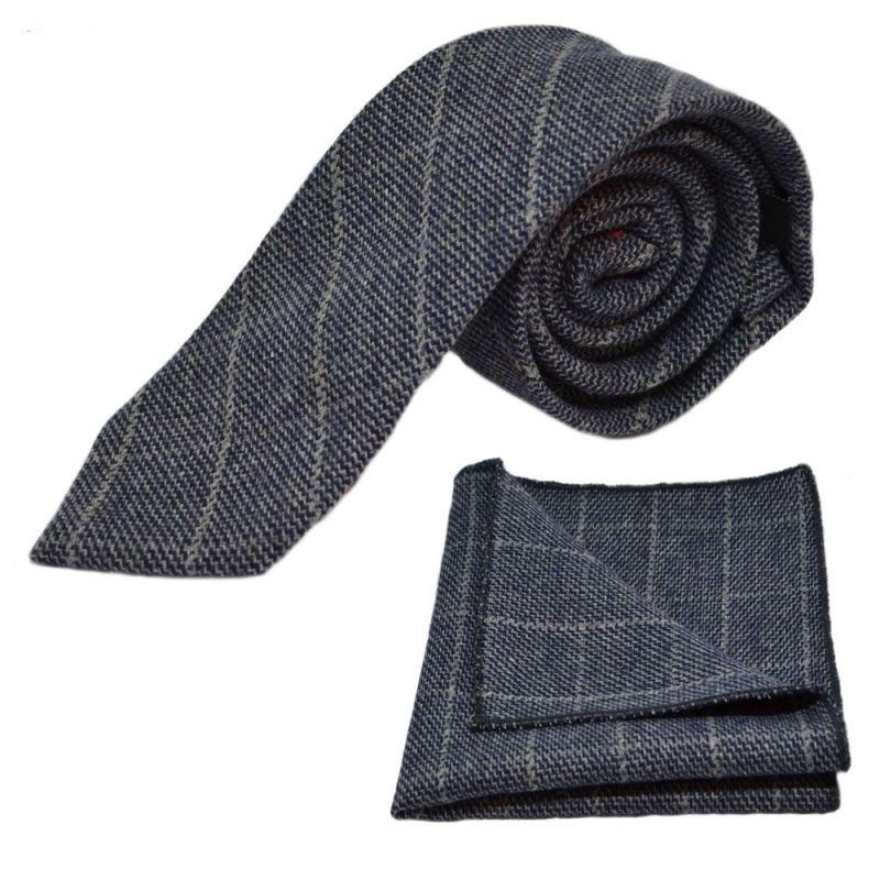 king & priory Stone Blue Birdseye Check Tie & Pocket Square Set