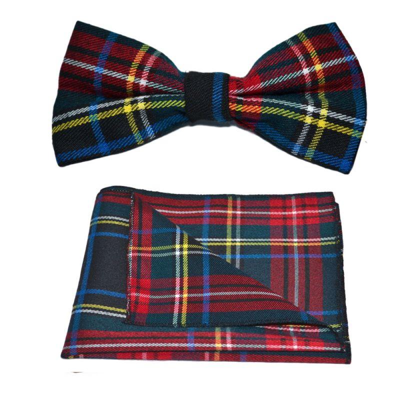 King & Priory Traditional Dark Green & Black Tartan Bow Tie & Pocket Square Set