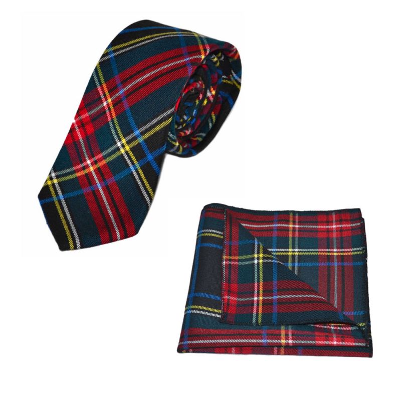 King & Priory Traditional Dark Green & Black Tartan Tie & Pocket Square Set
