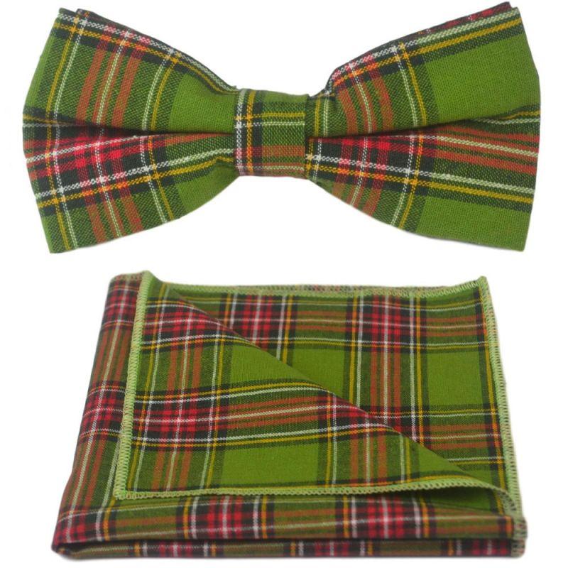 king & priory Traditional Green Tartan Bow Tie & Pocket Square Set