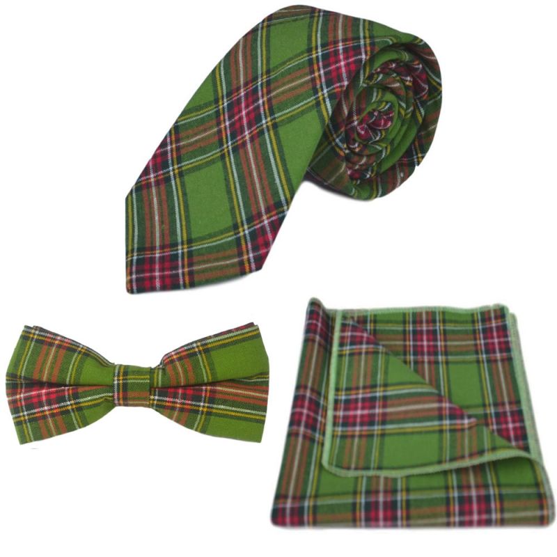 king & priory Traditional Green Tartan Tie Bow Tie & Pocket Square Set