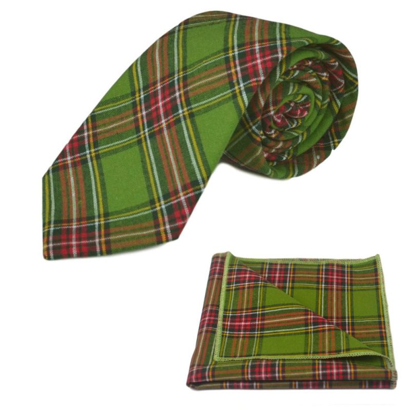 king & priory Traditional Green Tartan Tie & Pocket Square Set
