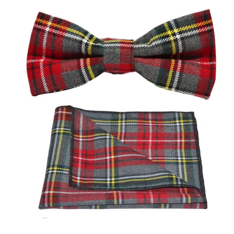 king & priory Traditional Light Grey & Red Tartan Bow Tie & Pocket Square Set