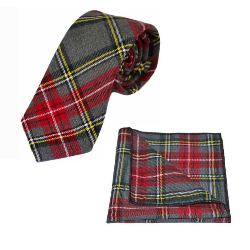 King & Priory Traditional Light Grey & Red Tartan Tie & Pocket Square Set