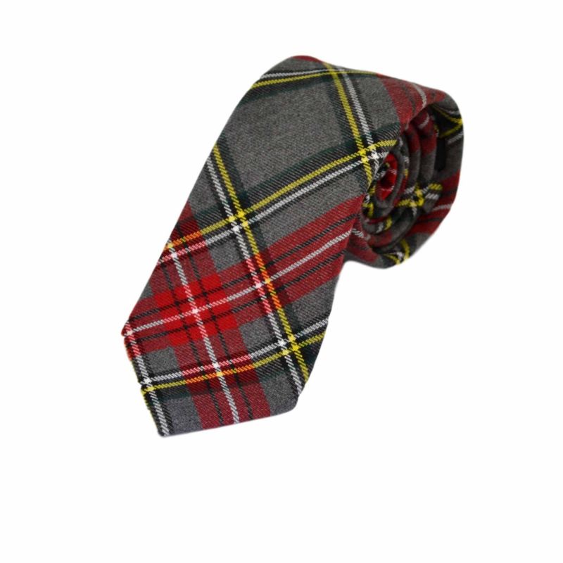 king & priory Traditional Light Grey & Red Tartan Tie & Pocket Square Set