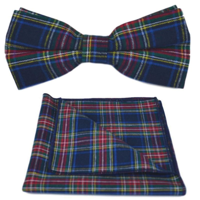 king & priory Traditional Navy Blue Tartan Bow Tie & Pocket Square Set