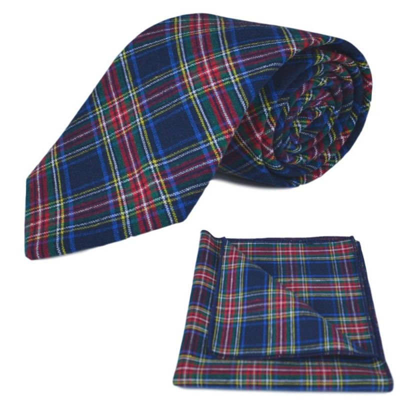 king & priory Traditional Navy Blue Tartan Tie & Pocket Square Set