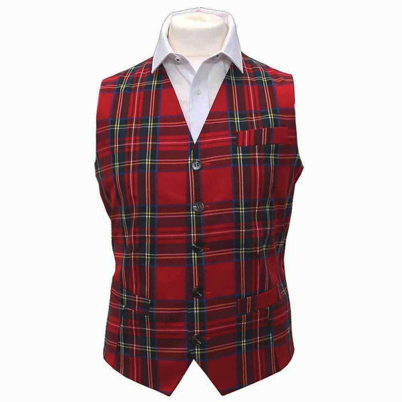 king & priory Traditional Red Tartan Check Waistcoat Bow Tie & Pocket Square Set