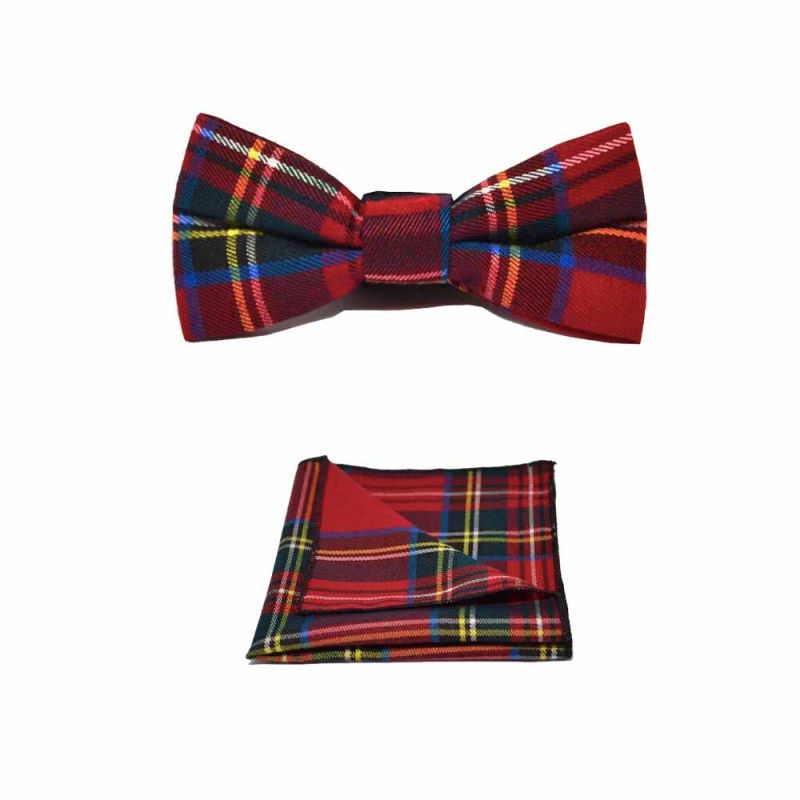 King & Priory Traditional Red & Yellow Tartan Check Bow Tie & Pocket Square Set Boxed
