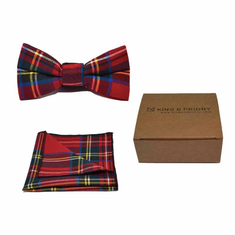 king & priory Traditional Red & Yellow Tartan Check Bow Tie & Pocket Square Set Boxed