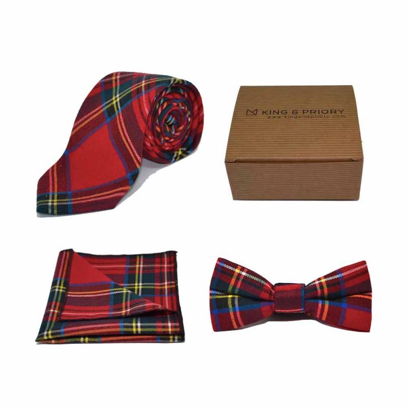 king & priory Traditional Red & Yellow Tartan Check Bow Tie Tie & Pocket Square Set Boxed