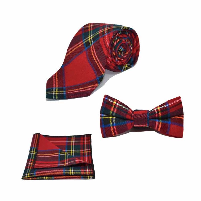 king & priory Traditional Red & Yellow Tartan Check Bow Tie Tie & Pocket Square Set