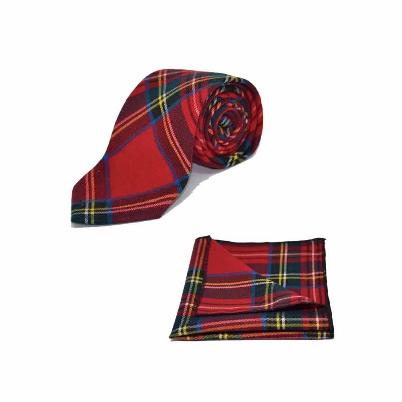 King & Priory Traditional Red & Yellow Tartan Check Tie & Pocket Square Set Boxed