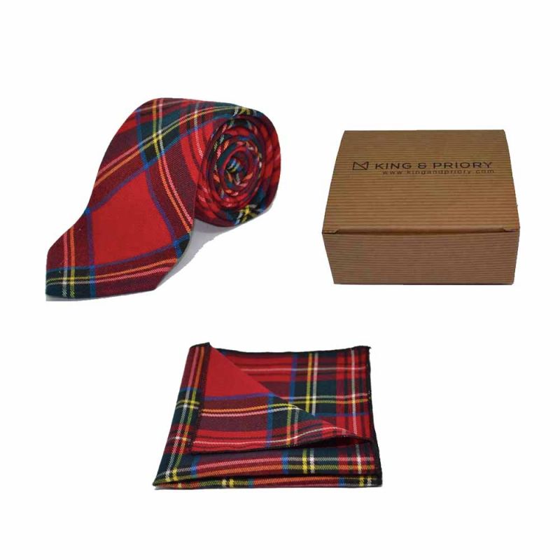 king & priory Traditional Red & Yellow Tartan Check Tie & Pocket Square Set Boxed