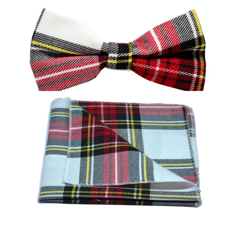 king & priory Traditional White & Red Tartan Bow Tie & Pocket Square Set