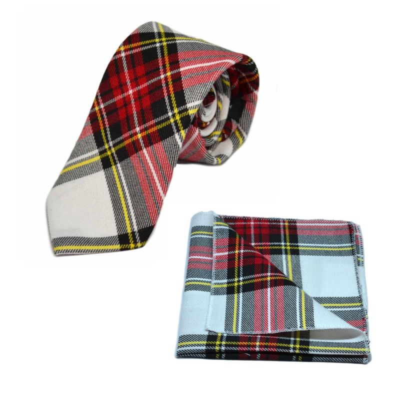 king & priory Traditional White & Red Tartan Tie & Pocket Square Set