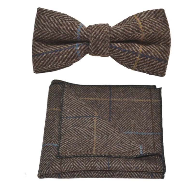 King & Priory Walnut Brown Herringbone Check Bow Tie & Pocket Square Set