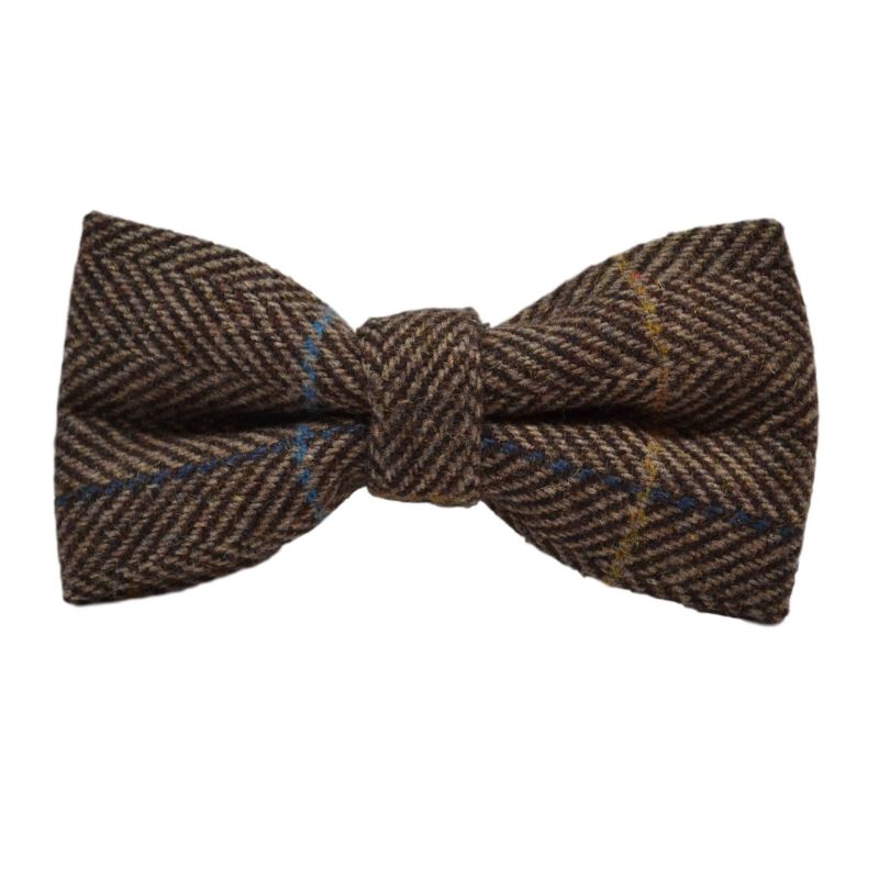 King & Priory Walnut Brown Herringbone Check Bow Tie & Pocket Square Set