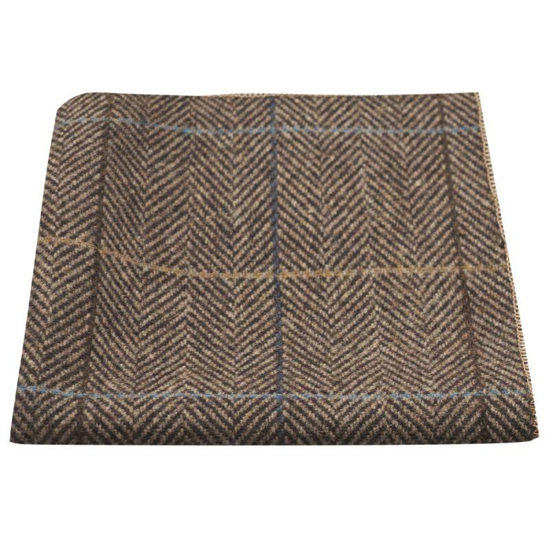 king & priory Walnut Brown Herringbone Check Pocket Square