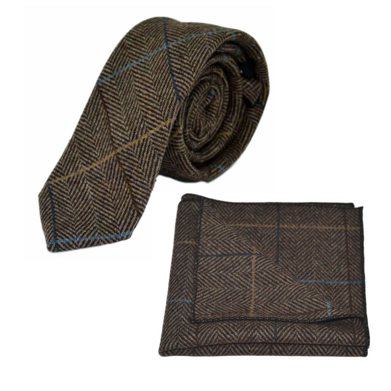 King & Priory Walnut Brown Herringbone Check Tie & Pocket Square Set