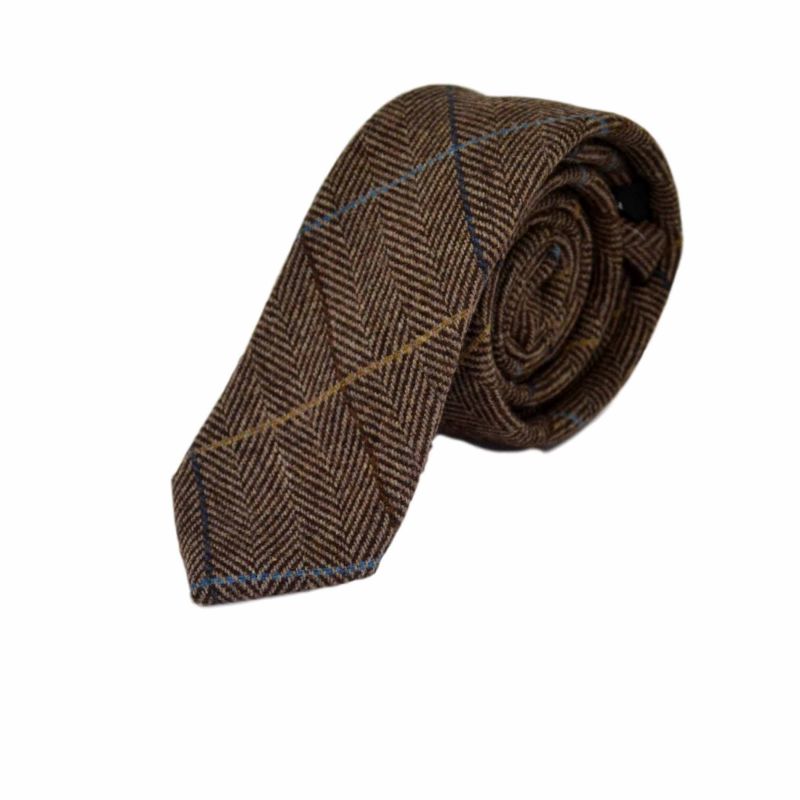 king & priory Walnut Brown Herringbone Check Tie & Pocket Square Set