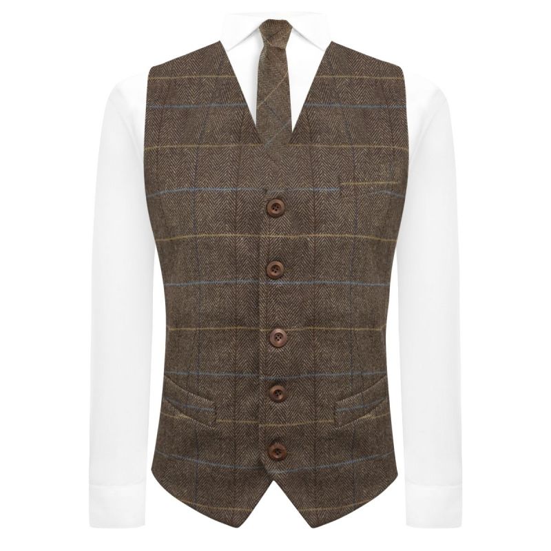 King & Priory Walnut Brown Herringbone Check Waistcoat