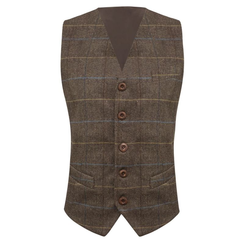 King & Priory Walnut Brown Herringbone Check Waistcoat